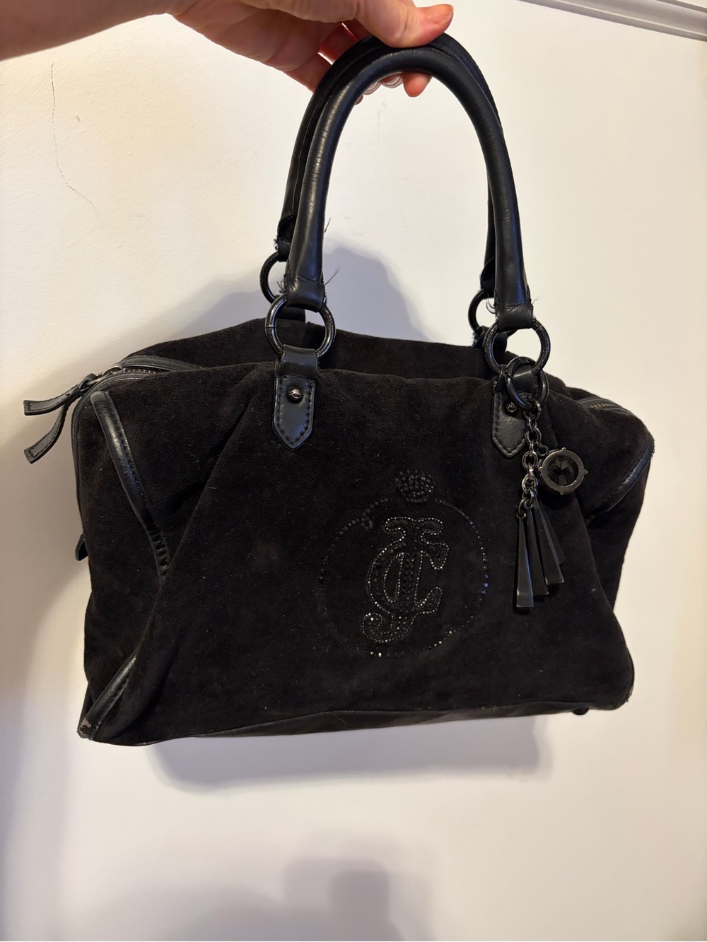 Black Suede Satchel Handbag with Tassel Charm